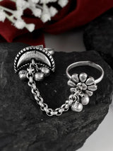 Silver Lookalike Floral Shaped Chain Finger Ring Adjustable