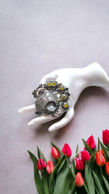 Silver Lookalike Brass Oxidised Designer Fusion Ring Adjustable
